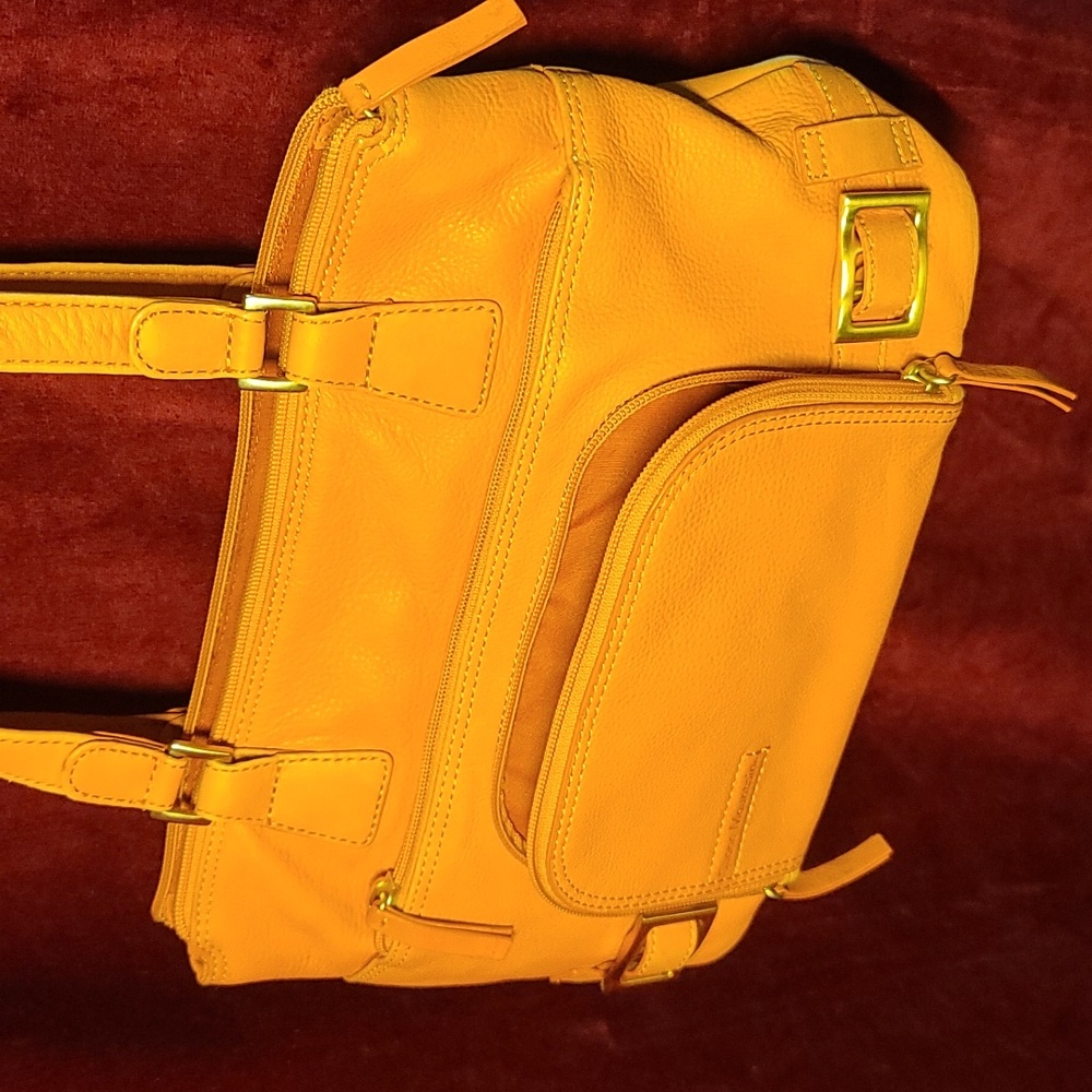 Stylish Orange Soft Leather W Buckles Shoulder Handbag By Stone Mountain EUC